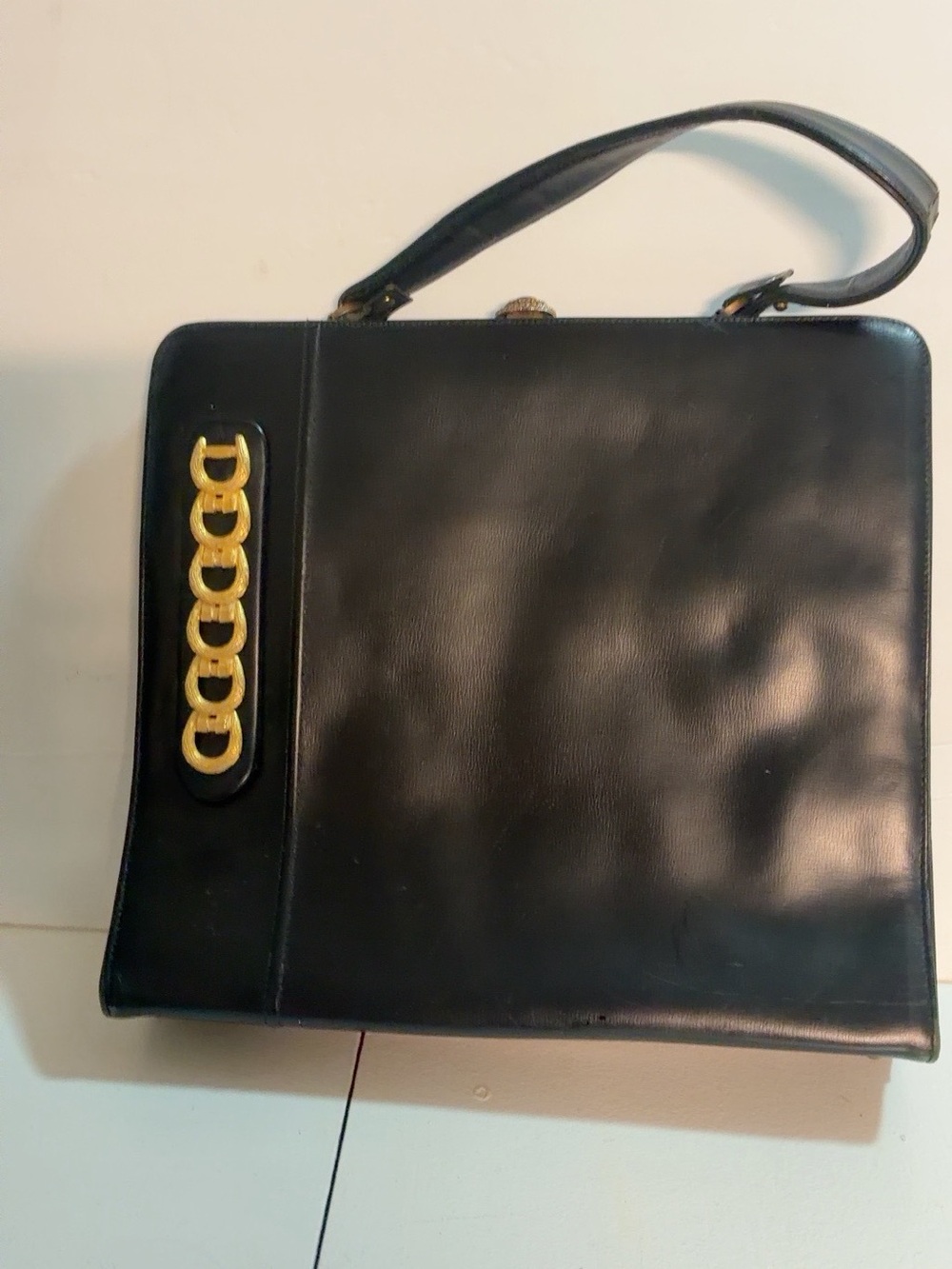 Vintage Sheldon Original Black Leather Frame Handbag Gold Hardware MCM